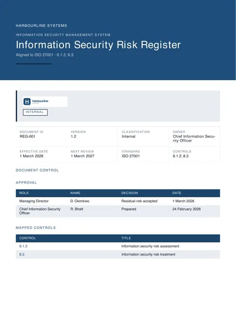 First page of a sample PolicyMint ISO 27001 Risk Register